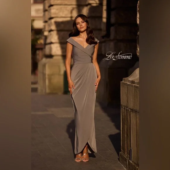 La Femme 25206 Surplice Off The Shoulder Navy Blue Evening Dress Maxi Gown Event
